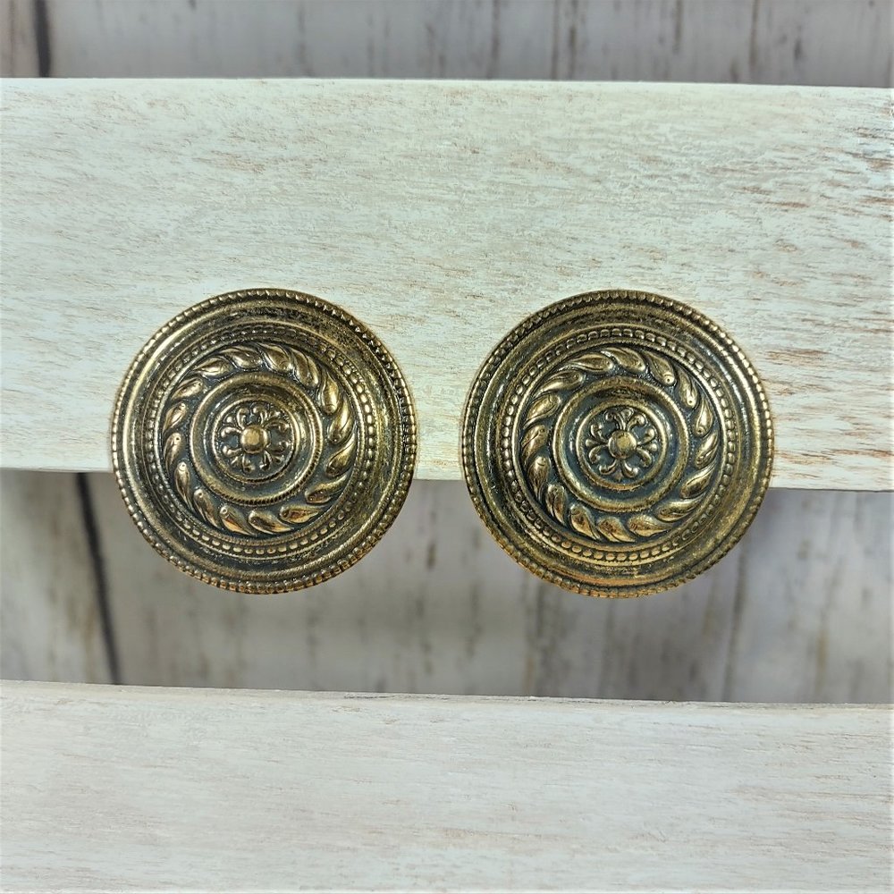 Vintage 80's Brass Round Shield Statement Clip Earrings